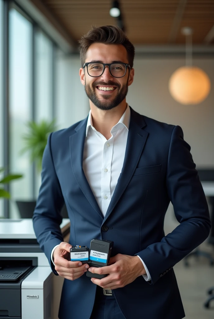 Businessman with a smile on his face next to a printer and in his hands he has a Toner and printer inks