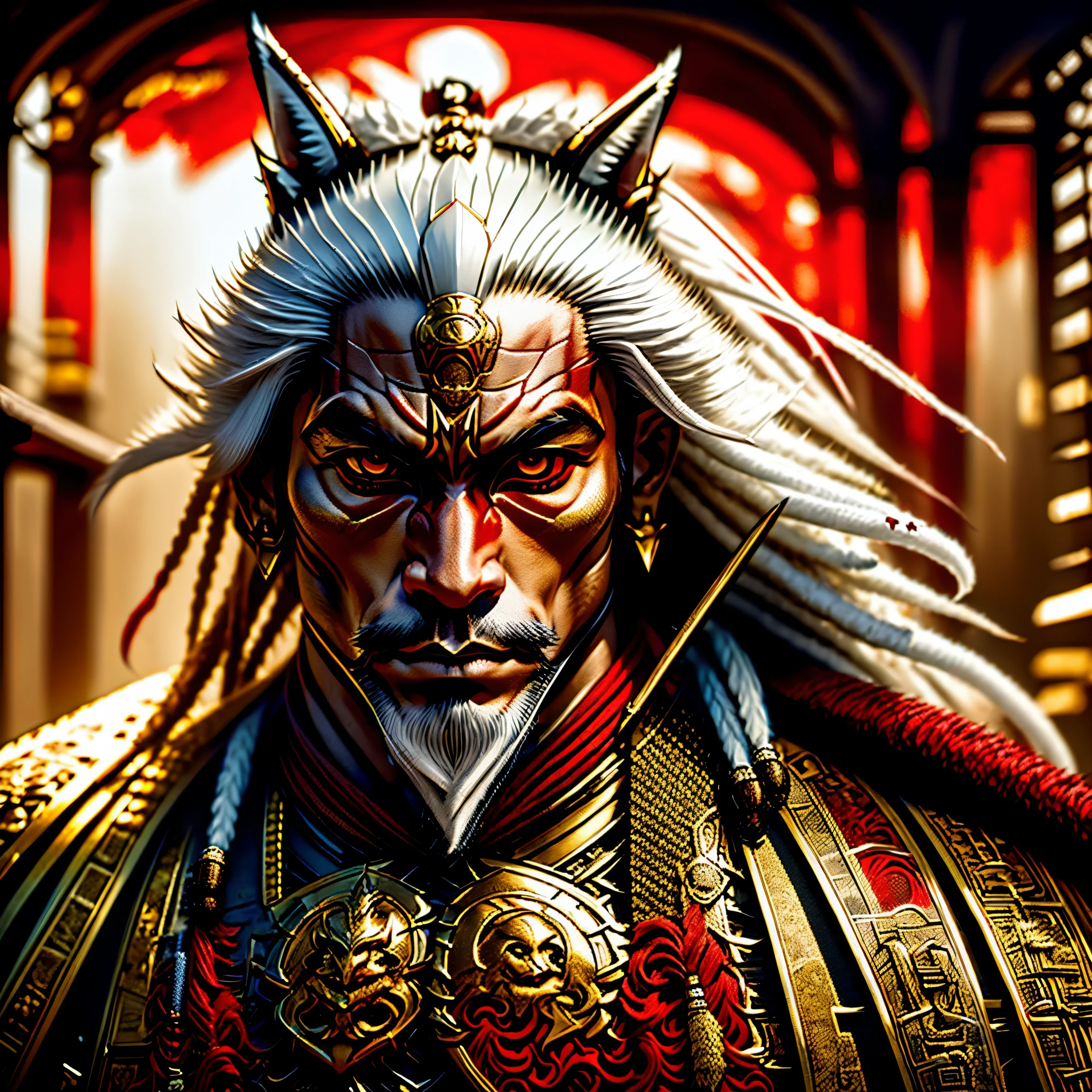 White, red and gold fox, samurai warrior,hybrid, royal armor, highly detailed, highly shaded, dreadlock, high definition, imposing physique, aloofness, casual pose, DEMON slayer art, imposing stare, red, black, gold  color palette 