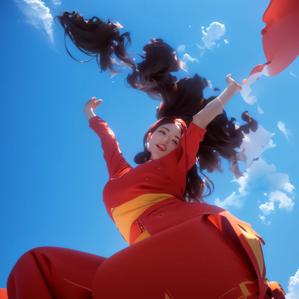 There is a woman sitting on a chair，Arms outstretched。, Low Angle, Low Angle of View, very Low Angle, look up to the sky, Popular on cgstation, Floating into the sky, View from below, look up, Low Angle shot, Sunny and hot, Popular on cgstation内容, Floating in the air, dynamic Low Angle shot