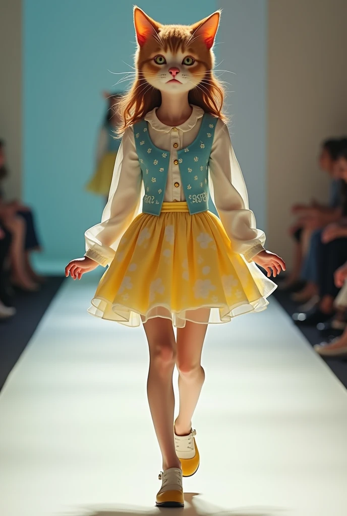 Full body photo of girl with cat face, she wears yellow white and blue dress, She is walking the catwalk in a youthful style outfit., charming, on the clothes there is a line :Real Estate 369