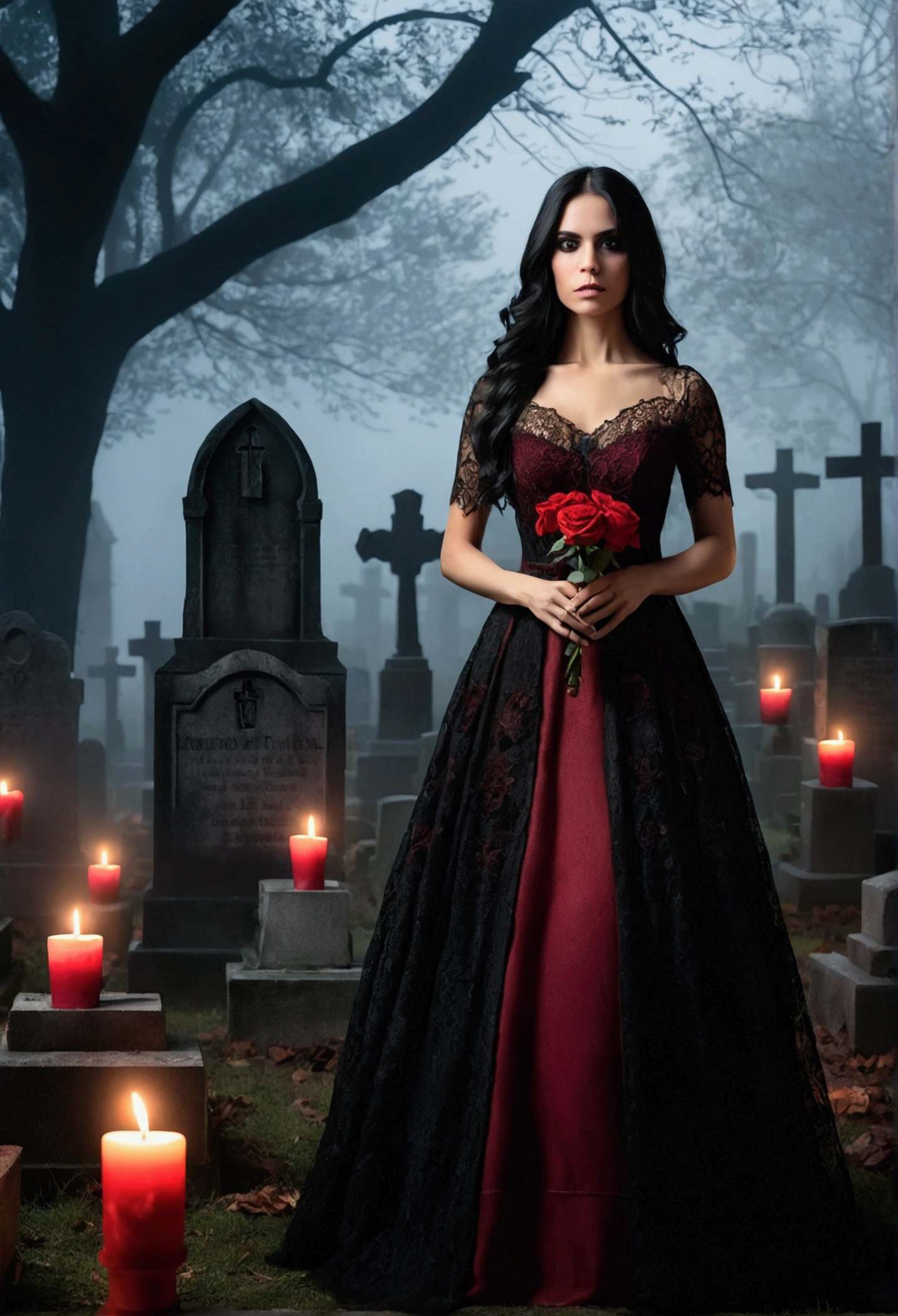 an elegant woman with long, dark hair wearing a vibrant dark red and black dress adorned with lace and intricate details. embroidery His skin is a light and striking tone, his face is like a skull, mixing beauty and macabre. In one hand, she delicately holds a skull and, in the other, a red rose, symbolizing her dual nature. She is in a dimly lit cemetery, surrounded by dimly glowing candles and fog, with shadows from old tombstones and crosses in the background. The atmosphere is eerie and slightly eerie, with a soft, reddish light highlighting its presence.