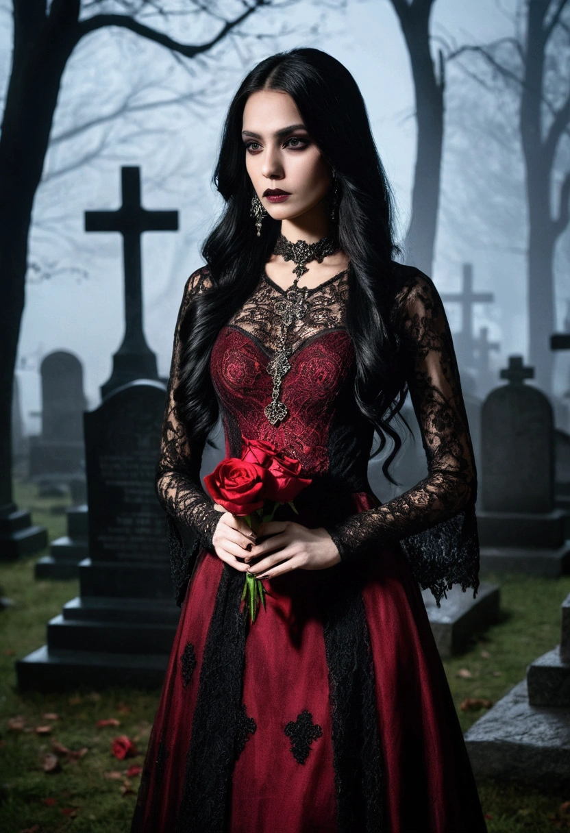 an elegant woman with long, dark hair wearing a vibrant dark red and black dress adorned with lace and intricate details. embroidery His skin is a light and striking tone, his face is like a skull, mixing beauty and macabre. In one hand, she delicately holds a skull and, in the other, a red rose, symbolizing her dual nature. She is in a dimly lit cemetery, surrounded by dimly glowing candles and fog, with shadows from old tombstones and crosses in the background. The atmosphere is eerie and slightly eerie, with a soft, reddish light highlighting its presence.