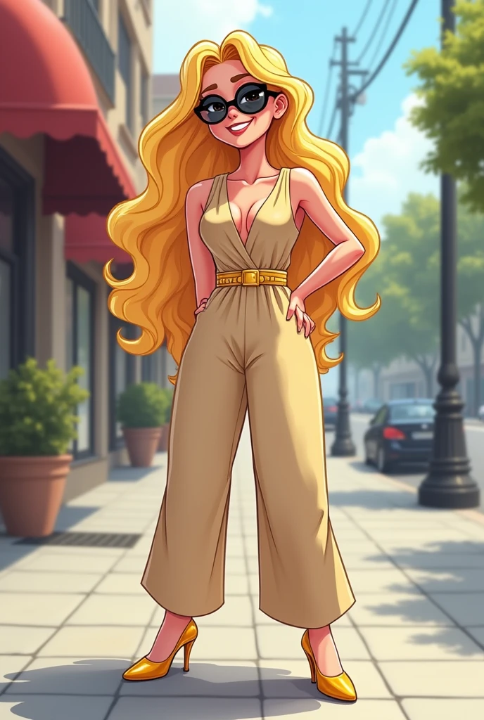 Blonde woman cartoon, 1,50m high, 70 kilos in weight, with beige wide jumpsuit, with sunglasses, with the right hand on the waist and the left hand loose, sidewalk with golden shoes.