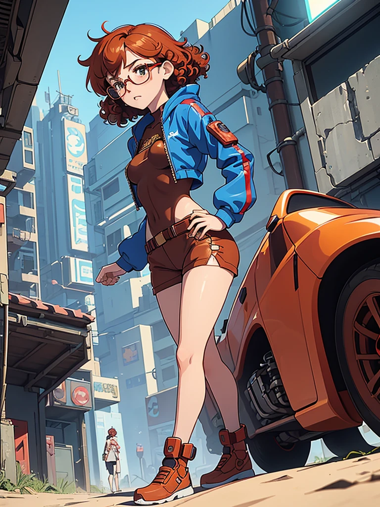(masterpiece), (best quality),(1 girl), adult, red copper hair,(brown eyes),curly hair,(short curly hair), anime style, freckles, (small breasts),(petite figure), (blue outfit),(cyberpunk clothes)),legs, desert background, (gold glasses)
