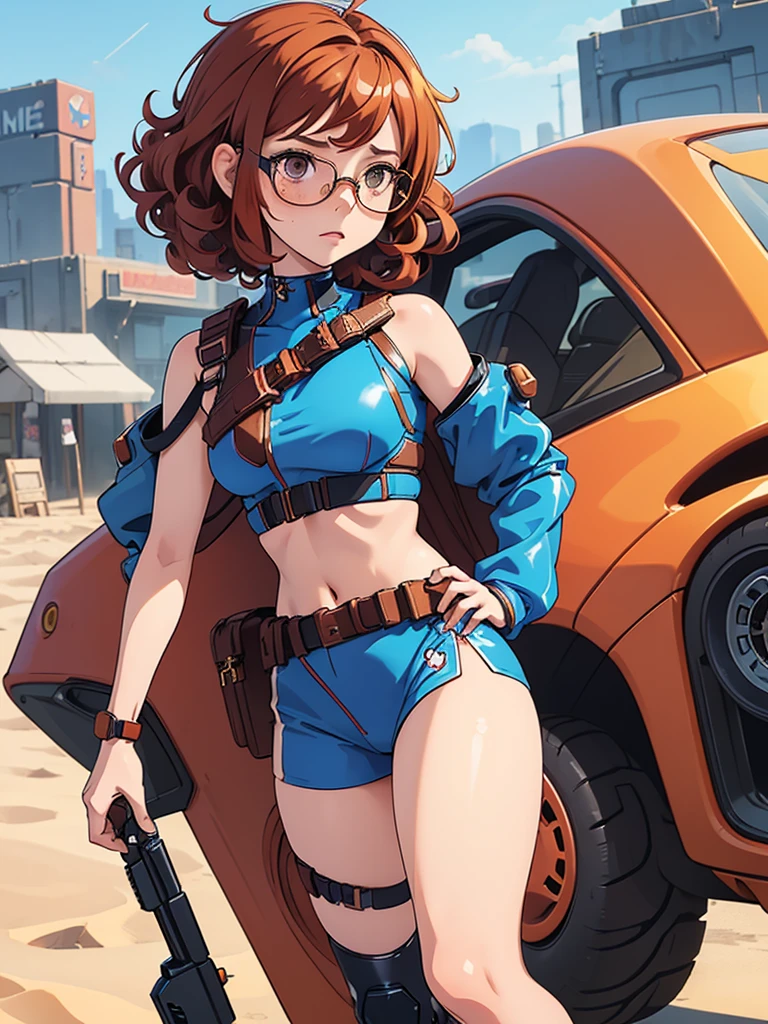 (masterpiece), (best quality),(1 girl), adult, red copper hair,(brown eyes),curly hair,(short curly hair), anime style, freckles, (small breasts),(petite figure), (blue outfit),(cyberpunk clothes)),legs, desert background, (gold glasses)