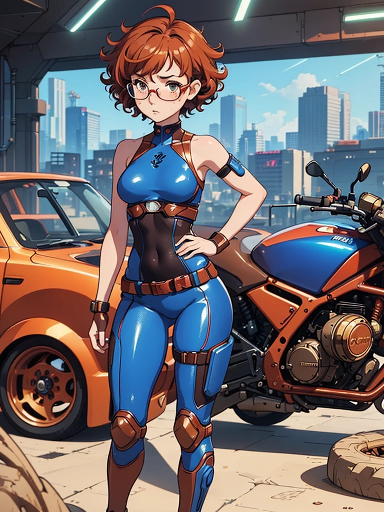 (masterpiece), (best quality),(1 girl), adult, red copper hair,(brown eyes),curly hair,(short curly hair), anime style, freckles, (small breasts),(petite figure), (blue outfit),(cyberpunk clothes)),legs, desert background, (gold glasses)