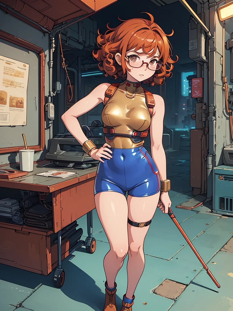 (masterpiece), (best quality),(1 girl), adult, red copper hair,(brown eyes),curly hair,(short curly hair), anime style, freckles, (small breasts),(petite figure), (blue outfit),(cyberpunk clothes)),legs, desert background, (gold glasses)