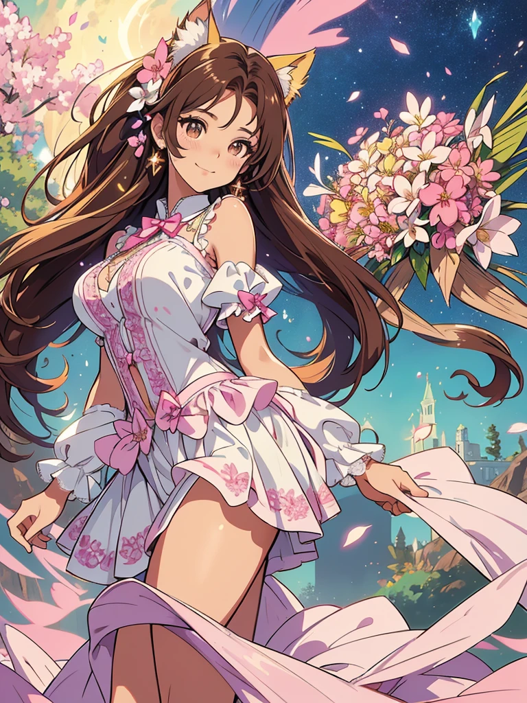 (best quality,4k,8k,highres,masterpiece:1.2),ultra-detailed,(realistic,photorealistic,photo-realistic:1.37),acrylic painting,beautiful Brazilian model in a uniform outfit with downy hair,beautiful Brazilian model with extremely colorful brown hair and detailed facial features,beautiful Brazilian model standing in a beautiful garden surrounded by a starry sky,brown hair,beautiful Brazilian model wearing a vibrant pink and teal uniform outfit,beautiful Brazilian model with intricate accessories,cat ears, ,beautiful Brazilian model with long flowing twintails,beautiful Brazilian model with bright brown eyes and rosy lips,beautiful Brazilian model with a joyful expression,beautiful Brazilian model in a dynamic pose with cherry blossoms falling around her,beautiful Brazilian model surrounded by colorful flowers and butterflies,beautiful Brazilian model's school uniform outfit adorned with cute bows and lace details,beautiful Brazilian model with an enchanting smile,beautiful Brazilian model with soft, pastel-colored shading,beautiful Brazilian model with a magical glow illuminating her,beautiful Brazilian model in a picturesque setting with a winding path leading to a magnificent castle,beautiful Brazilian model with a fairytale-like background,beautiful Brazilian model with a soft, dreamy atmosphere,beautiful Brazilian model with a subtle bokeh effect,beautiful Brazilian model standing under a sunny sky,beautiful Brazilian model with a warm, golden sunset in the background,beautiful Brazilian model surrounded by twinkling stars and colorful nebulae,creating an ethereal and captivating artistic masterpiece.