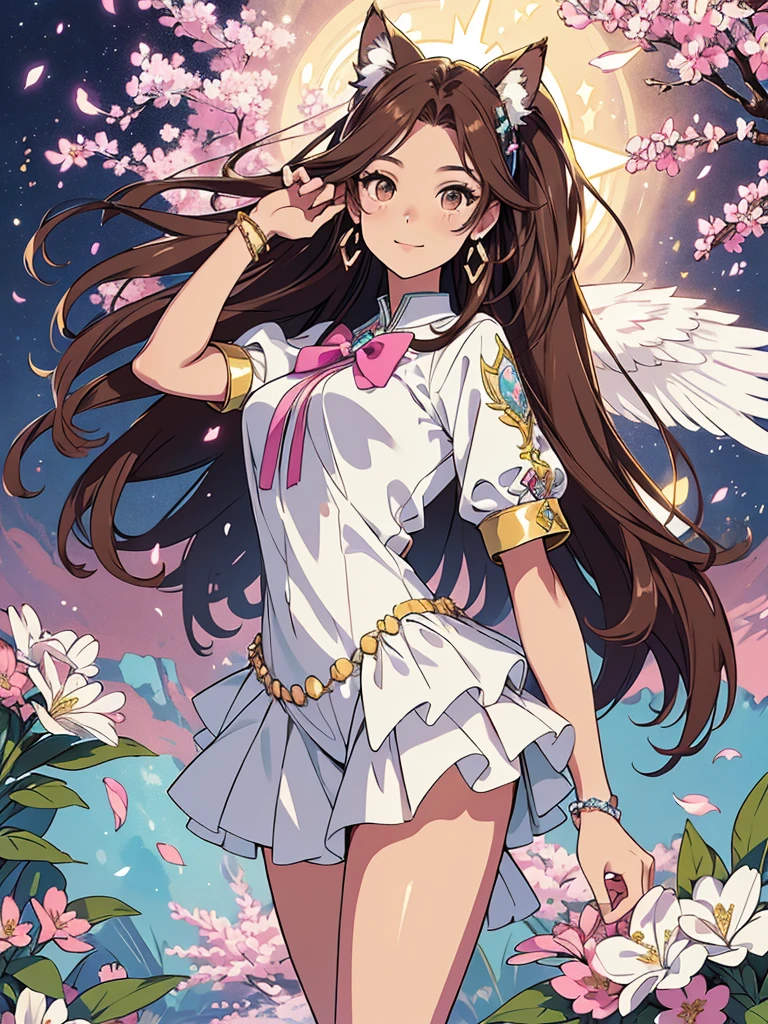 (best quality,4k,8k,highres,masterpiece:1.2),ultra-detailed,(realistic,photorealistic,photo-realistic:1.37),acrylic painting,beautiful Brazilian model in a uniform outfit with downy hair,beautiful Brazilian model with extremely colorful brown hair and detailed facial features,beautiful Brazilian model standing in a beautiful garden surrounded by a starry sky,brown hair,beautiful Brazilian model wearing a vibrant pink and teal uniform outfit,beautiful Brazilian model with intricate accessories,cat ears, ,beautiful Brazilian model with long flowing twintails,beautiful Brazilian model with bright brown eyes and rosy lips,beautiful Brazilian model with a joyful expression,beautiful Brazilian model in a dynamic pose with cherry blossoms falling around her,beautiful Brazilian model surrounded by colorful flowers and butterflies,beautiful Brazilian model's school uniform outfit adorned with cute bows and lace details,beautiful Brazilian model with an enchanting smile,beautiful Brazilian model with soft, pastel-colored shading,beautiful Brazilian model with a magical glow illuminating her,beautiful Brazilian model in a picturesque setting with a winding path leading to a magnificent castle,beautiful Brazilian model with a fairytale-like background,beautiful Brazilian model with a soft, dreamy atmosphere,beautiful Brazilian model with a subtle bokeh effect,beautiful Brazilian model standing under a sunny sky,beautiful Brazilian model with a warm, golden sunset in the background,beautiful Brazilian model surrounded by twinkling stars and colorful nebulae,creating an ethereal and captivating artistic masterpiece.