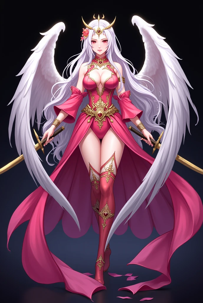 Guild logo card box with SHARP GIRLS name prominently displayed on the front, and a cartoon drawing of a beautiful warrior woman posing holding a golden knife with both hands and with long white wings and long white hair and pink clothes on a black background showing the whole image