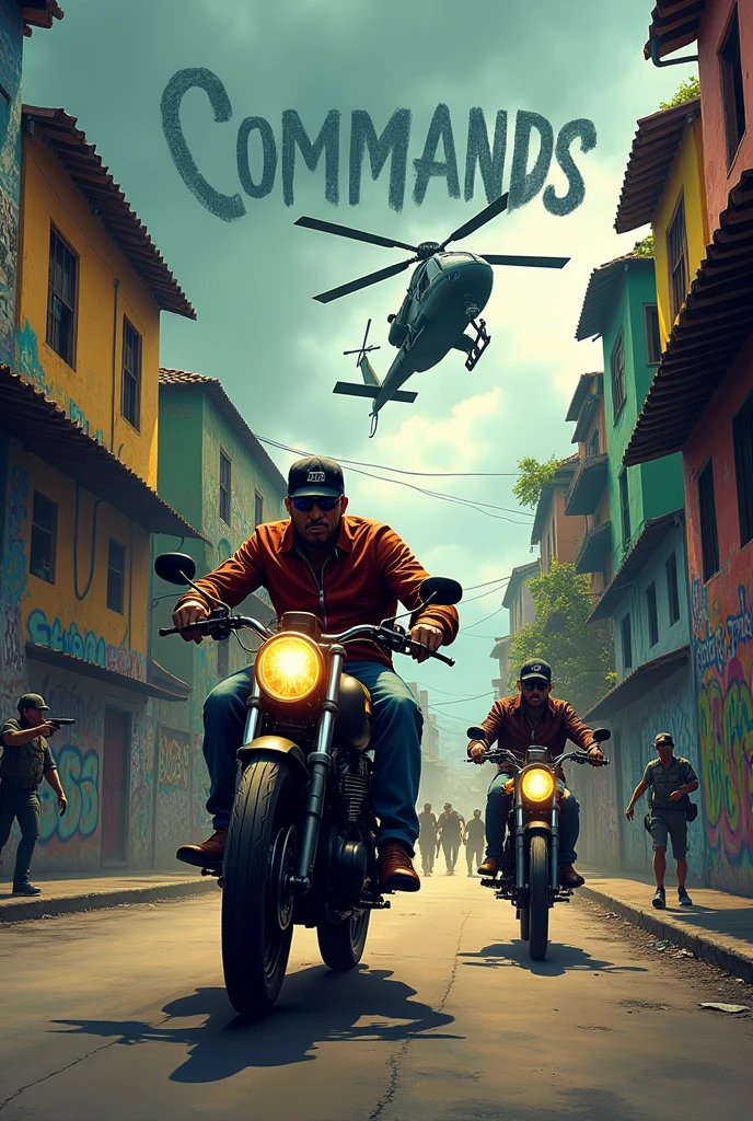 fund: A vibrant and detailed Brazilian favela, with stacked houses, graffiti on walls and busy streets. The sky is cloudy, giving a tense tone to the scene.

Personagens: Two bandits on a MT-07 or Hornet motorcycle, with one of them holding a pistol while the other is on the handlebars, looking back, as if they were on the run. Both are dressed in urban clothes, like jackets and caps, symbolizing the favela culture.

Action: From a distance, some men from the favela holding pistols, showing that they are ready to help the bandits escape.

helicopter: A police helicopter is in the sky, with flashing lights and directing their focus to the fleeing bandits, creating a climate of persecution.

Title: Na parte superior da capa, the name "Commands" is highlighted, using a graffiti font, with an urban and aggressive appearance, possibly in colors such as red or yellow to contrast with the background.