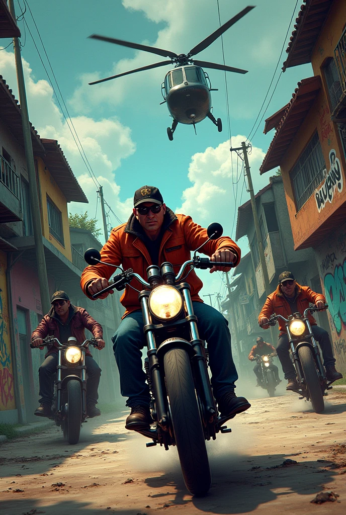 fund: A vibrant and detailed Brazilian favela, with stacked houses, graffiti on walls and busy streets. The sky is cloudy, giving a tense tone to the scene.

Personagens: Two bandits on a MT-07 or Hornet motorcycle, with one of them holding a pistol while the other is on the handlebars, looking back, as if they were on the run. Both are dressed in urban clothes, like jackets and caps, symbolizing the favela culture.

Action: From a distance, some men from the favela holding pistols, showing that they are ready to help the bandits escape.

helicopter: A police helicopter is in the sky, with flashing lights and directing their focus to the fleeing bandits, creating a climate of persecution.

Title: Na parte superior da capa, the name "Commands" is highlighted, using a graffiti font, with an urban and aggressive appearance, possibly in colors such as red or yellow to contrast with the background.