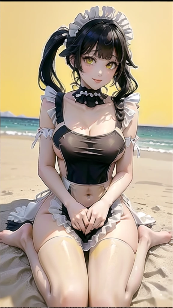 (((masterpiece, ultra HD, 8K quality))), (((clear and bright image))), anime, 1 woman, (((beautiful woman))), (((shining black hair ponytail))), (((shining attractive eyes))), ((((yellow eyes))))), (((eye highlights))), ((very long eyelashes)), (((very large breasts))), cleavage, (((beautiful sexy pose))), looking at the viewer, navel, (((cute smile))), water, thighs, bare shoulders, front tie top, arm support, narrow, ((((see-through maid dress))))), bare feet, collarbone, neck ribbon, halter neck, water's edge, (((summer beach in the background)))
