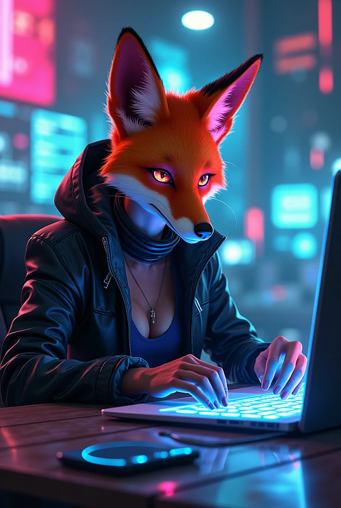 a fox in the cyberpunk hacker style, sitting with the notebook on her lap