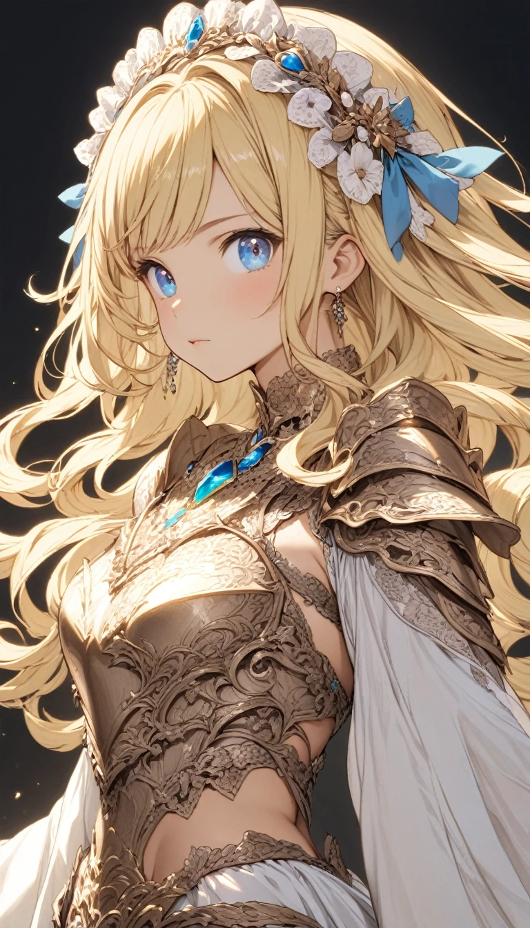 masterpiece, best quality, Extremely detailed, high resolution, Japanese Anime,1 Girl, Blonde Hair, (Medium Length Hair:1.4), side braid hair, curls, curls, Drill hair, Outward Curled Hair, (blue eyes:1.5), (Beautiful and delicate eyes:1.4), lol,  , Height 145 cm, Original Characters, fantasy, (black background:1.2), whole body, Beautiful fingers, permanent, (Gold Lace Armor Dress:1.5), (Jeweled headdress:1.5) , Shooting from the front, Looking at the audience 