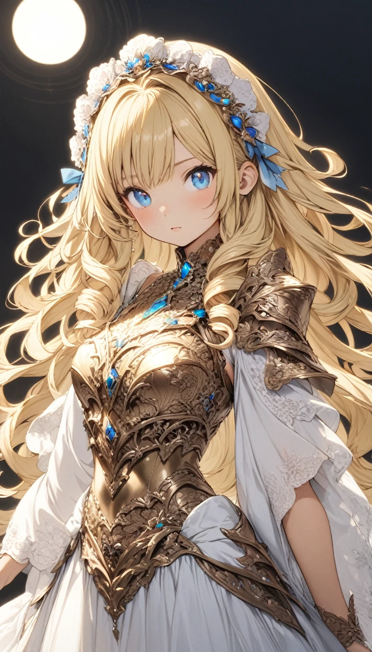 masterpiece, best quality, Extremely detailed, high resolution, Japanese Anime,1 Girl, Blonde Hair, (Medium Length Hair:1.4), side braid hair, curls, curls, Drill hair, Outward Curled Hair, (blue eyes:1.5), (Beautiful and delicate eyes:1.4), lol,  , Height 145 cm, Original Characters, fantasy, (black background:1.2), whole body, Beautiful fingers, permanent, (Gold Lace Armor Dress:1.5), (Jeweled headdress:1.5) , Shooting from the front, Looking at the audience 
