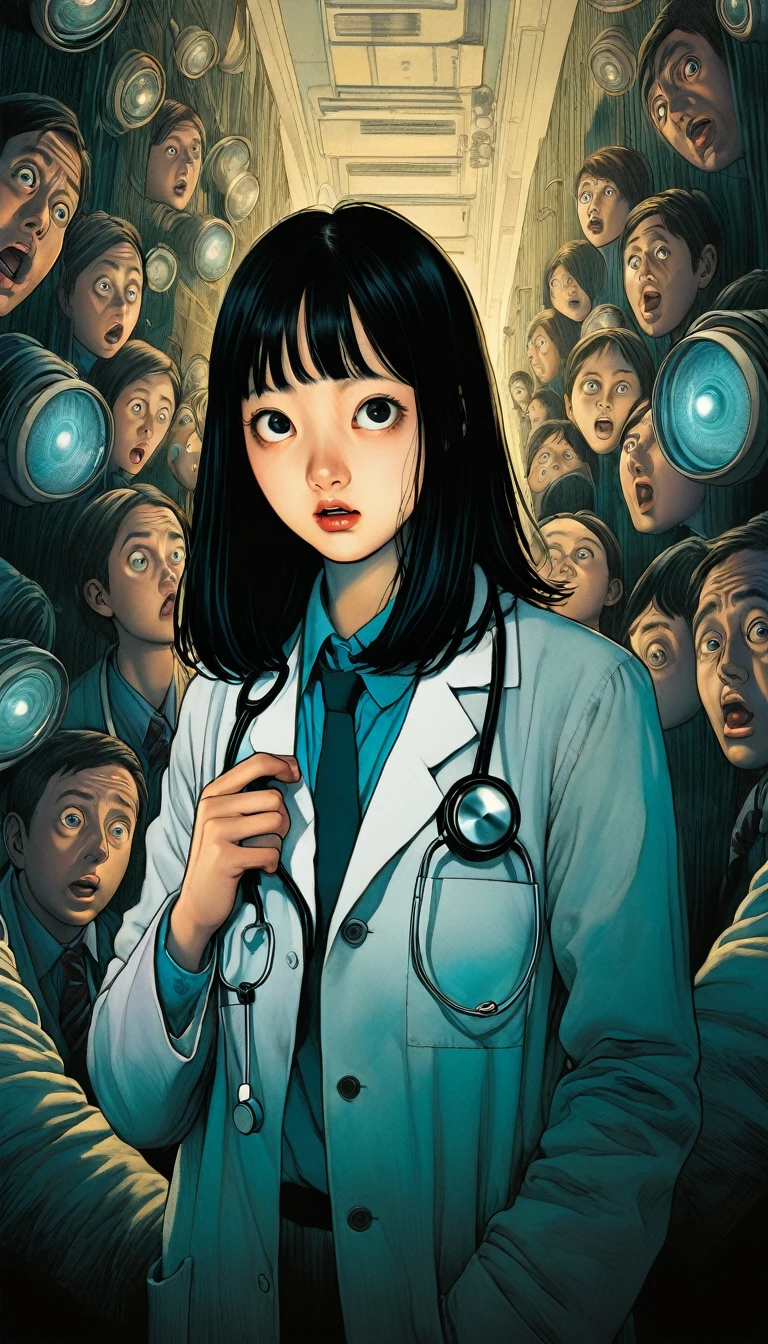 An illustration、art、Supervised by Junji Ito、Overaction、Overreaction、Pretending to be scared、Attention to detail, Realistic shadows、Analog Style, chromatic aberration, Surrealism、doctor