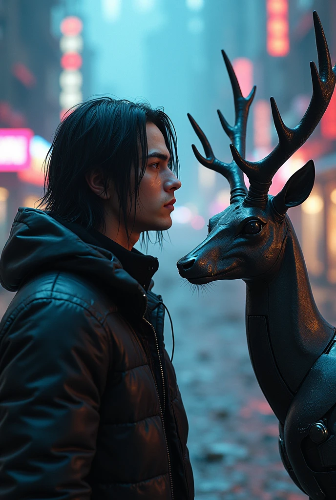 Manga 20 year old white man with long black straight hair and unshaven, sweet noir, toure ordinateur qui est amoureux d une biche cyber-punk