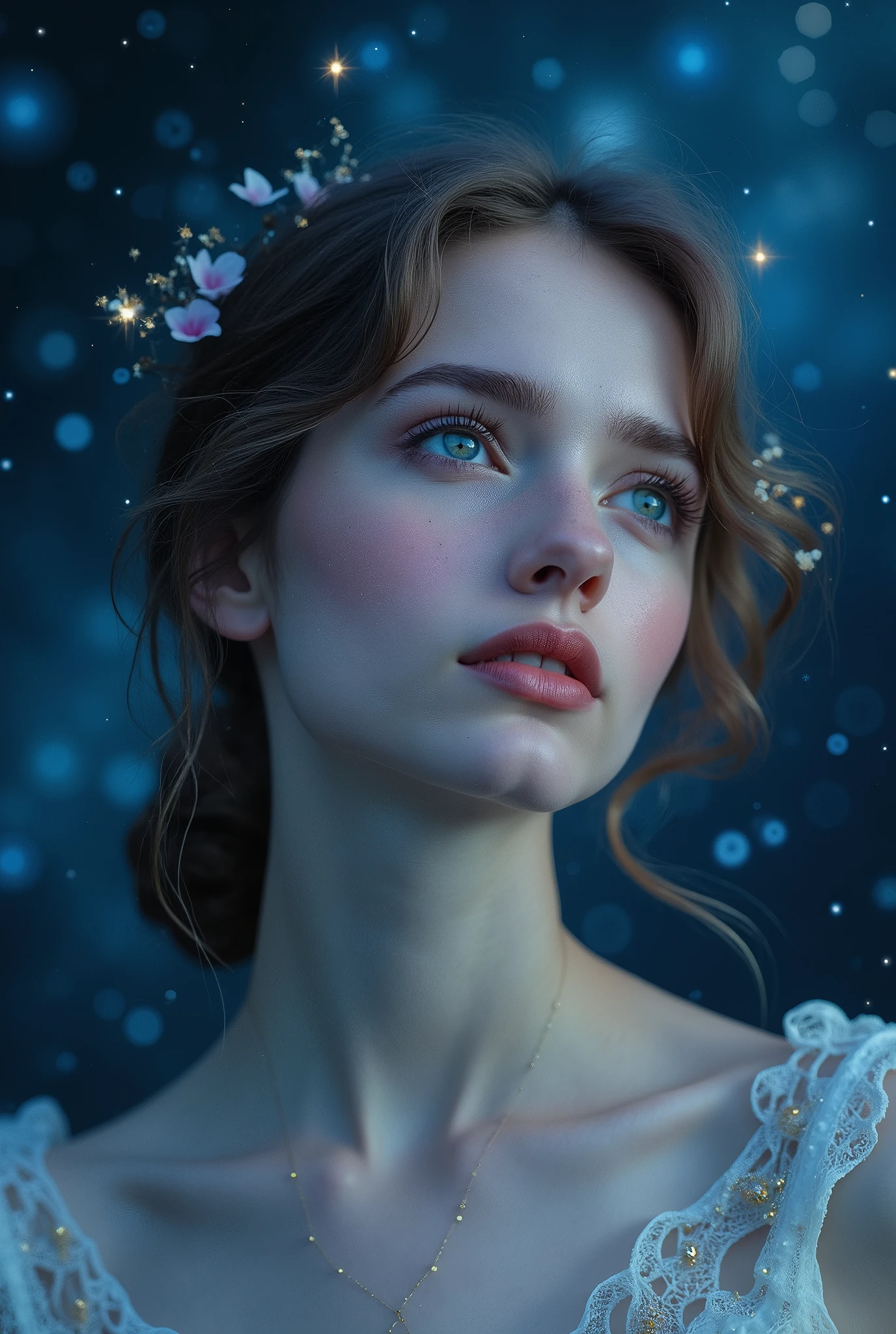 I'm taking photos for a new concept album. Create a girl concept photo in the style of "Cosmic"