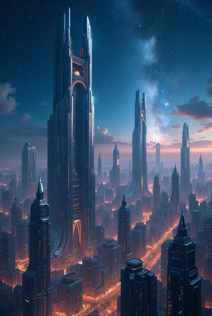 A vast futuristic city with skyscrapers shining under a starry sky 