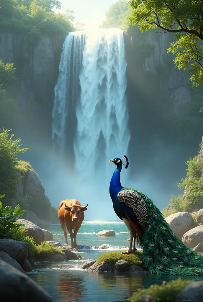 peacock and cow in background and waterfall 