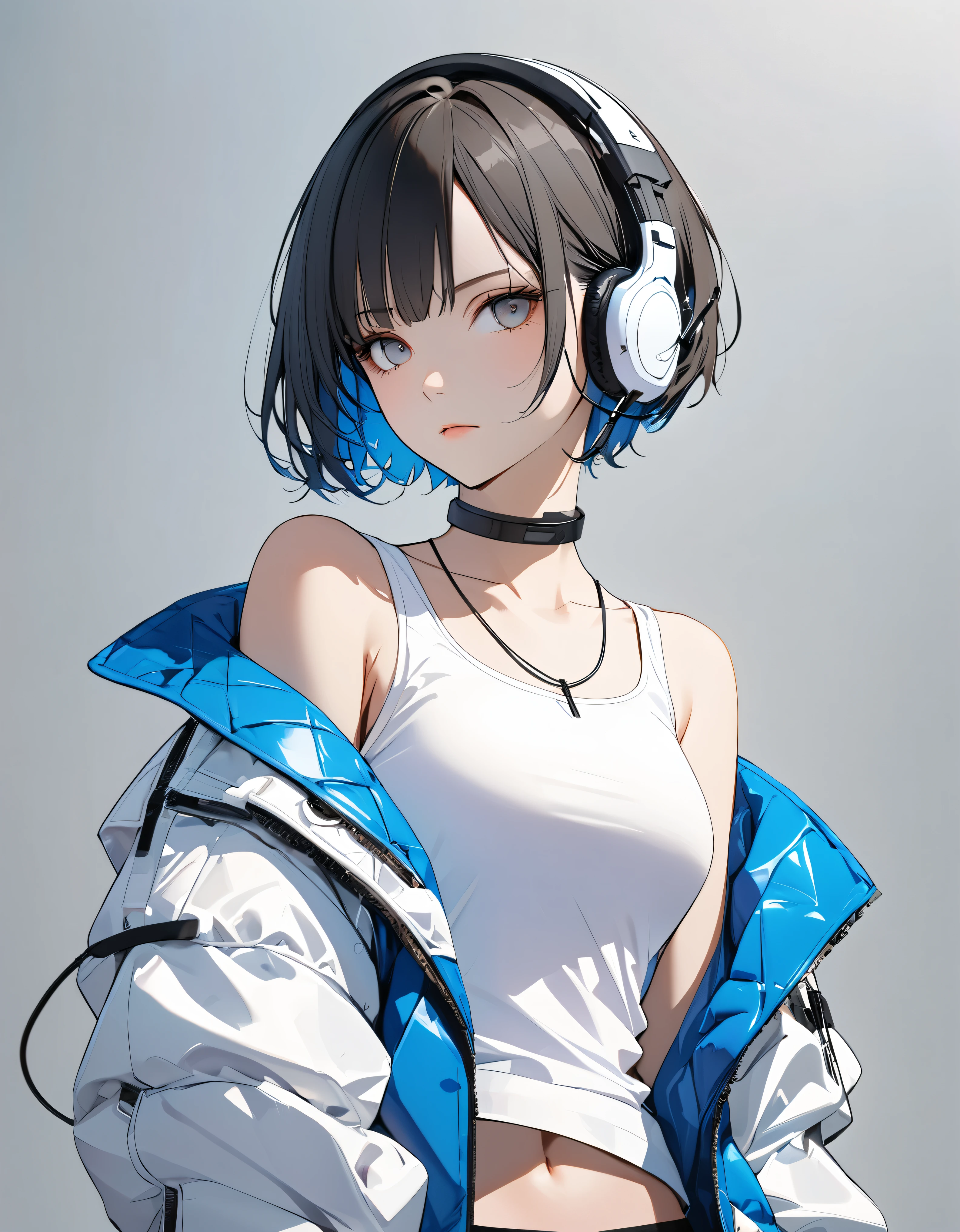 1girl, best quality, beautiful, short hair, 8K, expressionless, model pose, head tilt look view, slim, jacket, white tanktop inside, earrings, headset on neck, perfect, concept, full color