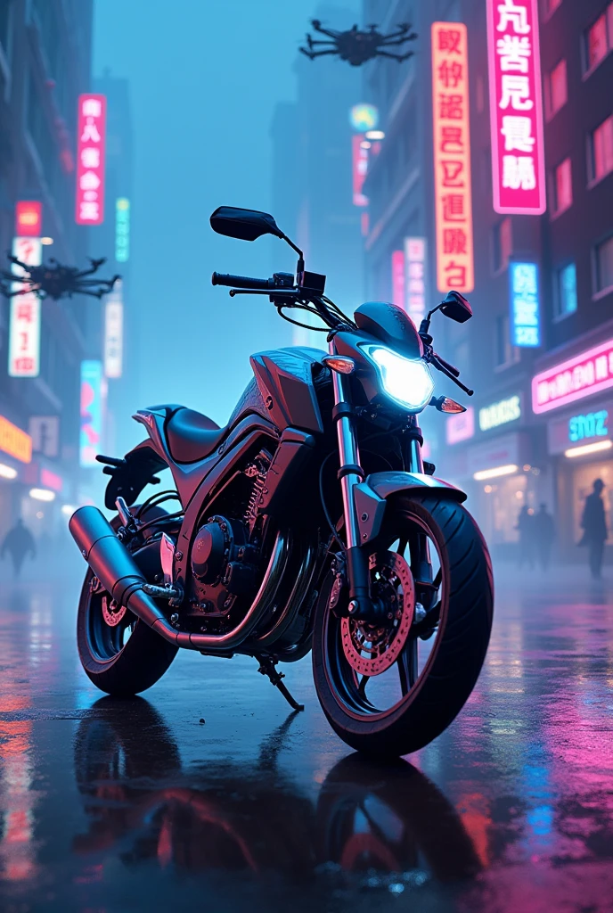 Sp honda 125 in cyberpunk city with blue and pink neon lights and fog