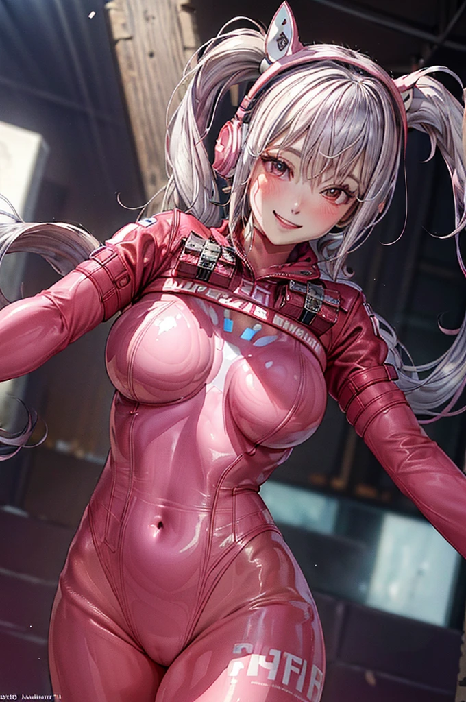 alice \(NOD\), (pink bodysuit:1.3), animal ear headphones , twintails, Slender , (masterpiece, Highest quality:1.3), (Super detailed:1.4),(Super detailed顔:1.2),(Super detailed目:1.2), (hyperRealistic:1.3), (RAW Photos:1.2), High-definition RAW color photos, Professional photos, (PhotoRealistic:1.4), (Realistic:1.4),8k,Professional Lighting, Perfect Anatomy, BREAK, (Big Breasts:1.4), (blush:1.2), (Bright smile:1.3), detail, Sharp focus, dramatic, dutch angle, (Sexy gravure pose:1.2), ruins, 1 person , Very clear fingers