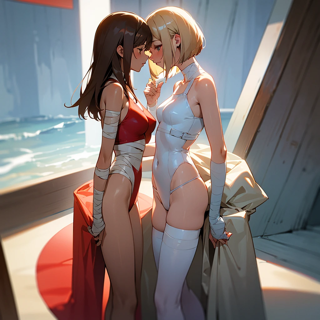 Two 20 year old humans kissing. they are standing on a circular platform seen from the side. the first girl is dressed in white underwear and has some bandages on her body. she has long brown hair. the second girl is wearing a red swimsuit. she has a blonde bob cut.
they hold each other by the hips.