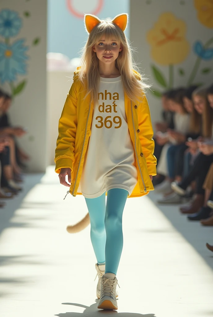 Full body photo of girl with cat face, she wears yellow white and blue dress, She is walking the catwalk in a youthful style outfit., charming, on the costume there is the words Nha Dat 369