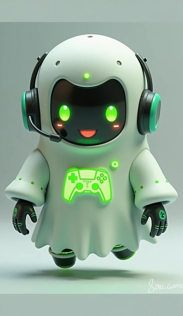 Create a medium-sized robot pet with a ghost-like appearance. With slightly rounded shapes resembling a drop. Create a medium-sized robot pet with a ghost-like appearance. With slightly rounded shapes resembling a drop. On your hands you have well defined fingers. His facial expression has large, green eyes with a glow, conveying a friendly and cheerful expression. He has a small open mouth with a happy smile and flushed cheeks.. Its body is white with small green details and a smooth, slightly shiny texture.. He has a headset on his head with an adjustable microphone positioned close to his mouth.. And on his chest you can see the illuminated shape of a Playstation 5 controller in fluorescent green.. It floats in the air, as if he were ready for an adventure. On his forehead is written the word "Soulgamer". On your hands you have well defined fingers. His facial expression has large, green eyes with a glow, conveying a friendly and cheerful expression. He has a small open mouth with a happy smile and flushed cheeks.. Its body is white with small green details and a smooth, slightly shiny texture.. He has a headset on his head with an adjustable microphone positioned close to his mouth.. And on his chest you can see the illuminated shape of a Playstation 5 controller in fluorescent green.. It floats in the air, as if he were ready for an adventure.