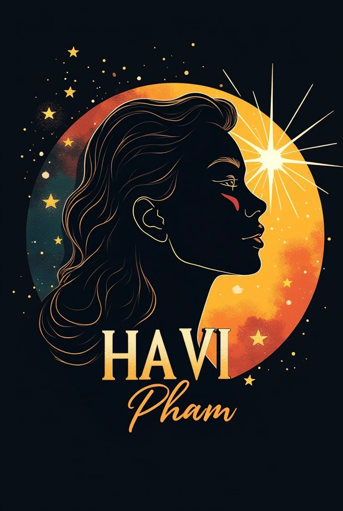 a logo with centralized writing HA VI with a capital letter and PHAM with a lowercase letter, written with planet being the name highlighted in the logo 

be minimalist 

with planet elements, the shadow of a woman making a headline, a radiant star, a simple contemporary art background
