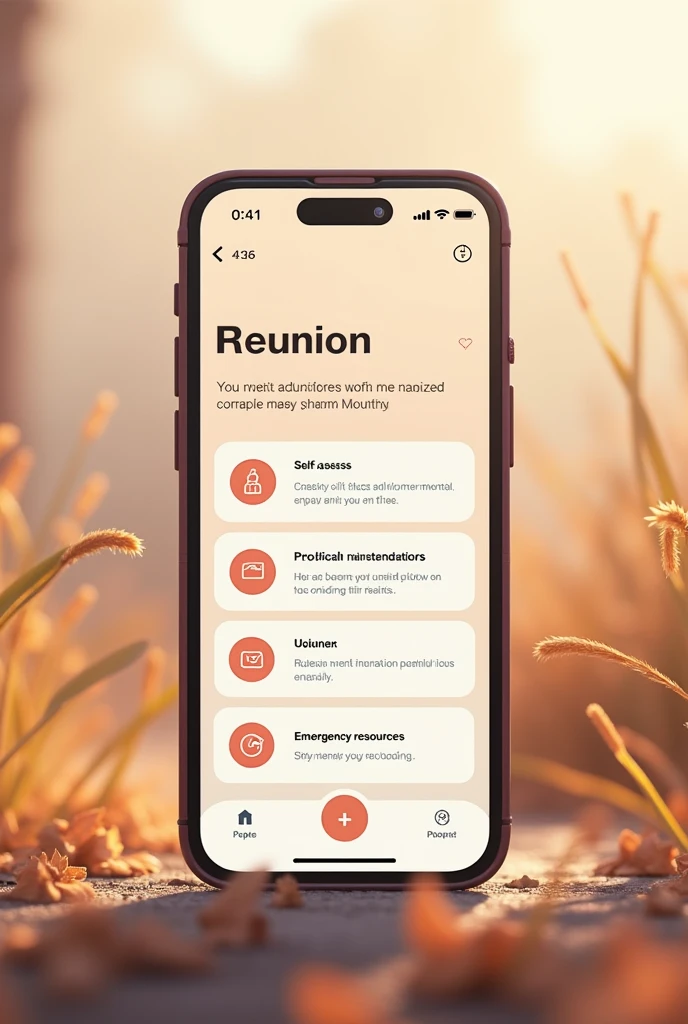 Aintwrface of an application on the cell phone where its name is:Reunion and its main objective is physical and mental health, where in the application there will be areas to answer questions and see what will need to be done or whether you should go to the nearest hospital....etc