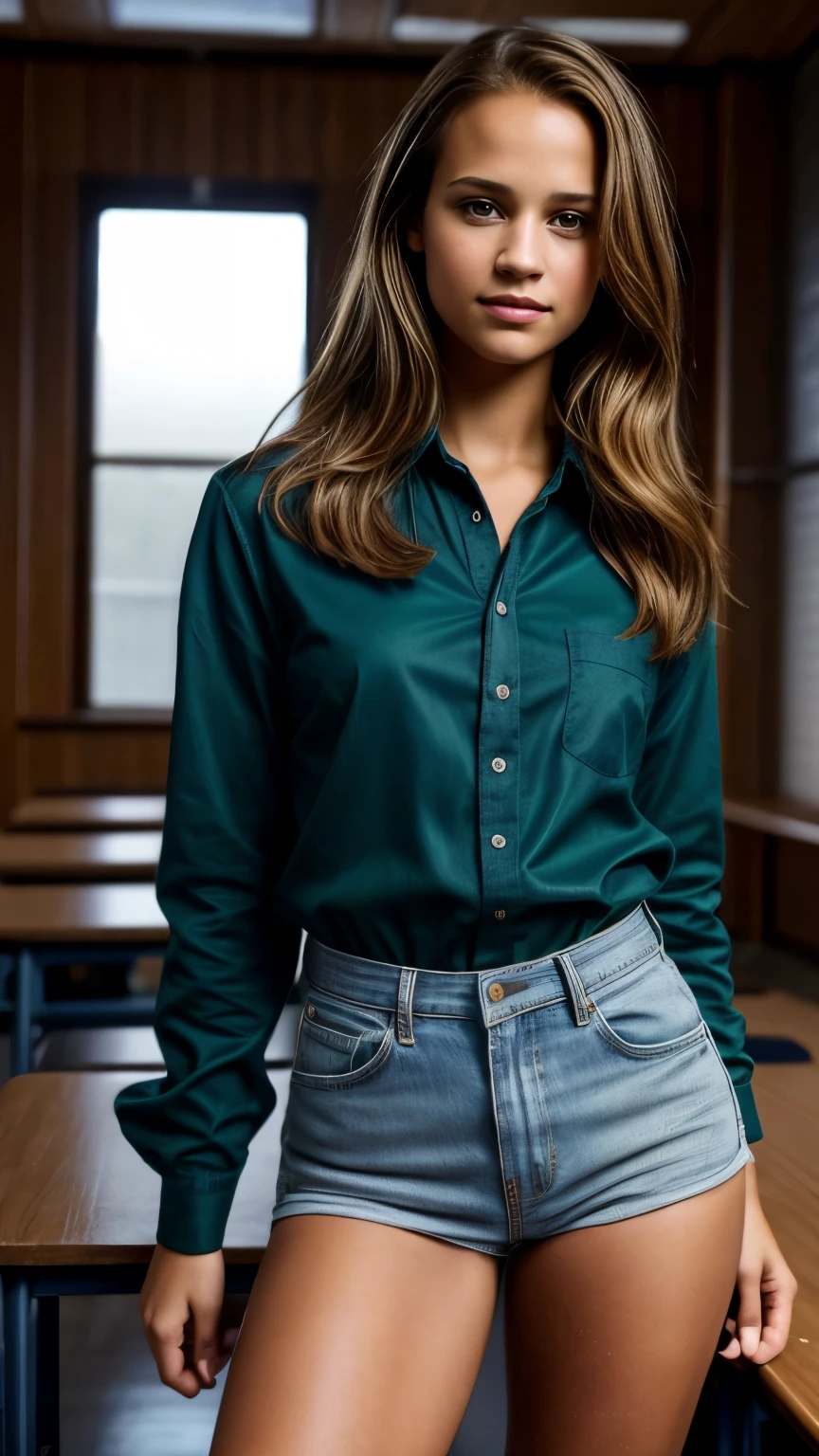 Foto hiperrealista en primer plano de Alicia Vikander, masterpiece, best quality, (photorealistic:1.4), full body, she is dress in style of 90s high school,  in classroom in high school, cinematic light, beautiful woman, skinny, medium  breasts, ponny tail blond hair, detailed face, smile, facing the camera, photo taken from a distance, age of 