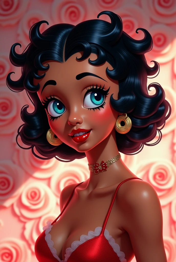 Betty Boop style light coco skin 30 years old with blue eyes with curly hair rose background , in a brightly lit bedroom, Fun, Whimsical, Childlike, high energy, Cartoonish, Comic book style, Art by jim lee, Skottie Young, and art adams, Digitally painted, trending on artstation, against a studio backdrop of embossed flowers, with dramatic lighting, glossy finish, high fashion, beauty shot, art by patrick demarchelier, irving penn, nick knight, Highly detailed, Intricate, Sharp focus, trending on vogue, elle, and harper's bazaar