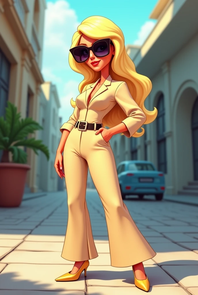 Blonde woman cartoon, 1,50m high, 70 kilos in weight, with beige wide jumpsuit, with sunglasses, with the right hand on the waist and the left hand loose, sidewalk with golden shoes, with legs together.