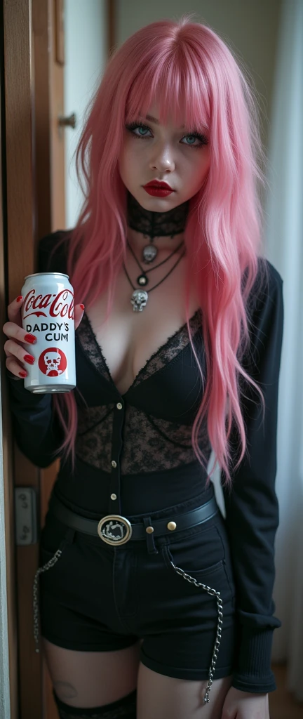 (best quality, ultra-detailed, photorealistic: 1.6), An cinematic photo an goth girl with bright and vibrant colors, studio lighting, romantic expression, with a delicate and beautiful face. Beautiful gothic girl with her with long pink hair matches the gothic makeup, (Skinny anorexic body:1.9), long skinny legs, small tits, (flat chested), her ice blue eyes and mischievous black parted lips, with small seductive breasts, cleavage, Punk-style Gothic dark pink hair, skull necklace, Big beautiful eyes, bright ice white eyes, sparkeling white blue eyes, dark goth make up, super long eye lashes , goth. She have a horny face, Pink red Lipstic, ( she is holdling an White Coca cola can with the TEXT " CocaCola Daddys CUM"), White Cola can; beige white cocacola can, like a manwha character, chain details,, walking in leaning pose in the apartment hallway, seductive cleavage, photorealitic, fully body, like a manwha character