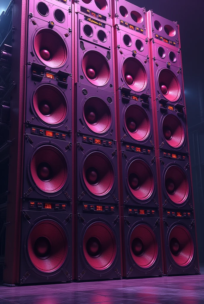 Create a giant wall of purple and red speakers