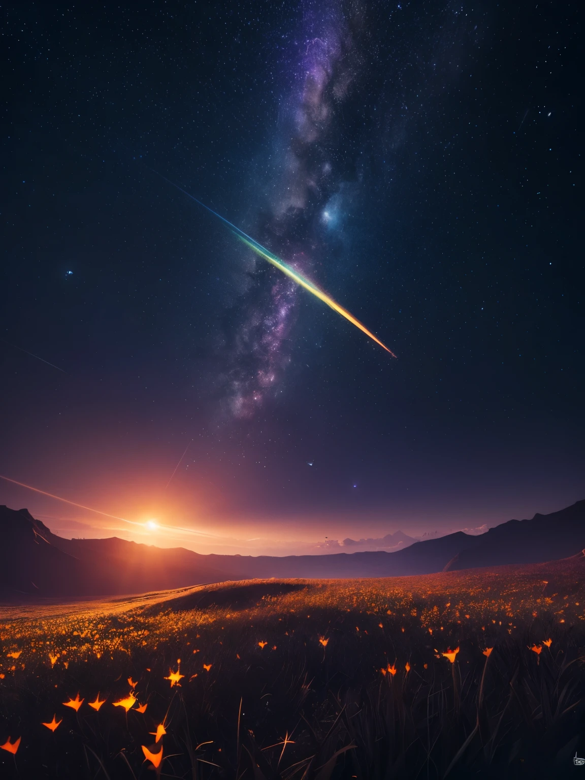Vast landscape photo, (viewed from below, the sky is above and the open field is below), (full moon: 1.2), (meteor: 0.9), (nebula: 1.3), distant mountains , Trees BREAK Crafting Art, (Warm Light: 1.2), (Fireflies: 1.2), Lights, Lots of Purple and Orange, Intricate Details, Volumetric Lighting, Realism BREAK (Masterpiece: 1.2), (Best Quality), 4k, Ultra-Detailed, (Dynamic Composition: 1.4), Very Detailed, Colorful Details, (Rainbow Colors: 1.2), (Glow Lighting, Atmospheric Lighting), Dreamy, Magical, (Solo: 1.2)