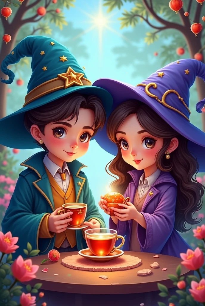 work of art, best qualityer, wizard's tea, chibi, handsome male wizard, beautiful witch, high detailed realistic eyes, glad, Vibrant, colorfully,