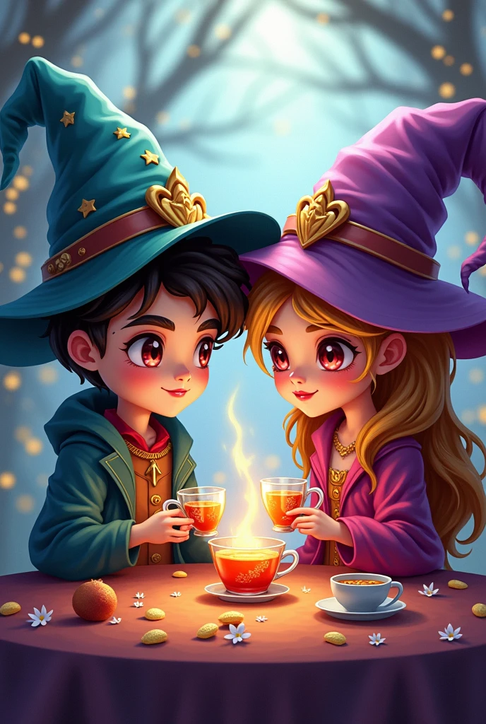 work of art, best qualityer, wizard&#39;s tea, chibi, handsome male wizard, beautiful witch, high detailed realistic eyes, glad, Vibrant, colorfully,