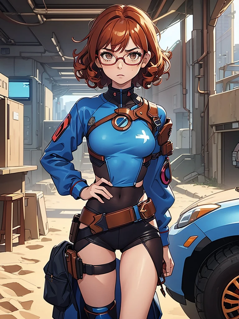(masterpiece), (best quality),(1 girl), adult, red copper hair,(brown eyes),curly hair,(short curly hair), anime style, freckles, (small breasts),(petite figure), (blue outfit),(cyberpunk clothes)),(battlwle outfit),legs, desert background, (gold glasses)