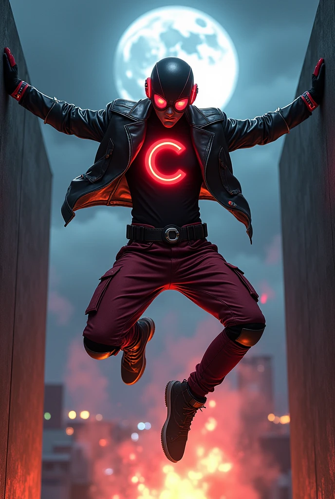 Cicakman Malaysia superhero. human man wear helmet domino mask red black color.. White yes.big google glasses . Very athletic body type.glowing logo. Big "C" logo on chest. Very thin. No muscle. The daredevil costume. Superhero lizard concept.wear red ear mount.. Man use hanging with hand.((open mouth and nose)). Jacket leather.. cyberpunk design. Big shoulder. Hang out on bar . Bombing effect background. Jumping with two Hands up . Red cargo pant, high tech belt detail. Jump from top building Background city. At night big moon shoot. Very style jump pose. Side between wall.