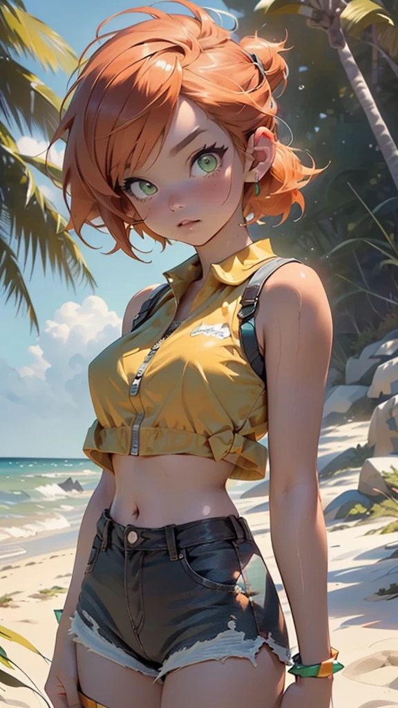 (((Misty))),misty_(pokemon),misty (pokemon),misty \(pokemon\),,character_pokemon_misty,1girl,
(large breasts:1.4),(((short hair, side ponytail,orange hair,orange_hair, spiked hair,))),(((green_eyes:1.3))),intricate eyes,beautiful detailed eyes,symmetrical eyes,big eyes:1.5,((((lustrous skin:1.5,tanned skin,bright skin: 1.5,skin tanned,shiny skin,very shiny skin,shiny body,Reflective skin)))),(spider lower abdomen,narrow waist,slim waist, wide hip,athletic body,inflated legs,thick thighs,delicate detailed fingers,(detailed face)),beautiful detailed lips,
cute,slutty,sensual,seductive look,seductive,((erotic)),opulent,sumptuous,((nsfw)),wet, ,
(yellow shirt, shirt,crop top,yellow crop top,yellow_sleeveless_cropped_shirt), (tiny denim shorts,shorts,short shorts,denim, denim shorts,cheeky shorts), (((unzipped, open fly))),
(navel, midriff,belly), (suspenders,red suspenders), (wardrobe malfunction),
(shy pose:1.3),looking at viewer,embarrassed,shy,centered,scale to fit dimensions,Rule of thirds,
outdoors, ocean, (ocean in the background),((Sky, Sea, clouds,)), with dark stormy clouds,((beach scenery,intricate scenery)), scenery, extremely scenery, clouds, palm trees, reeds, (sunset, golden hour),
(Glossy pokemon ornaments),highres,sharp focus,(ultra detailed,extremely detailed),(photorealistic artwork:1.37),(extremely detailed CG unity 8k wallpaper),(((vibrant colors,vibrant theme))),(intricate),(masterpiece),(best quality),artistic photography,(photography taken by sldr),(intricate background),perfect rendered face,perfect face details,realistic face,photo realistic,((intricate detail)),(((realism))),