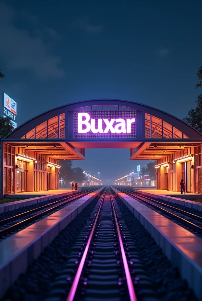 "Create a 3D model of a stunning railway station named 'Buxar,' with the station's name displayed prominently on a large LED screen. The scene is set at night, with the station fully illuminated by warm, inviting lights. The architecture should blend modern design elements, with glowing pathways, well-lit platforms, and detailed structures. The LED screen should be bright, clearly showing 'Buxar' in bold letters. The surrounding area includes train tracks, and the ambiance should evoke a calm yet lively atmosphere, enhanced by the soft glow of the station's lights."