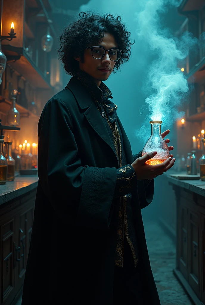 A potrait of a bisexual teen male genius alchemist poet of indian-europian ethnicity with no facial hair with glasses and lush fuzzy puffy hair that reaches his shoulders like newton holding a chemical flask wearing a flamboyant androgynous black extravagant dress with a long trail in a laboratory with brown hazel eyes and a mysterious curious look in a dark magical gothic dim evil atmosphere having chemistry magic glow engulfing him