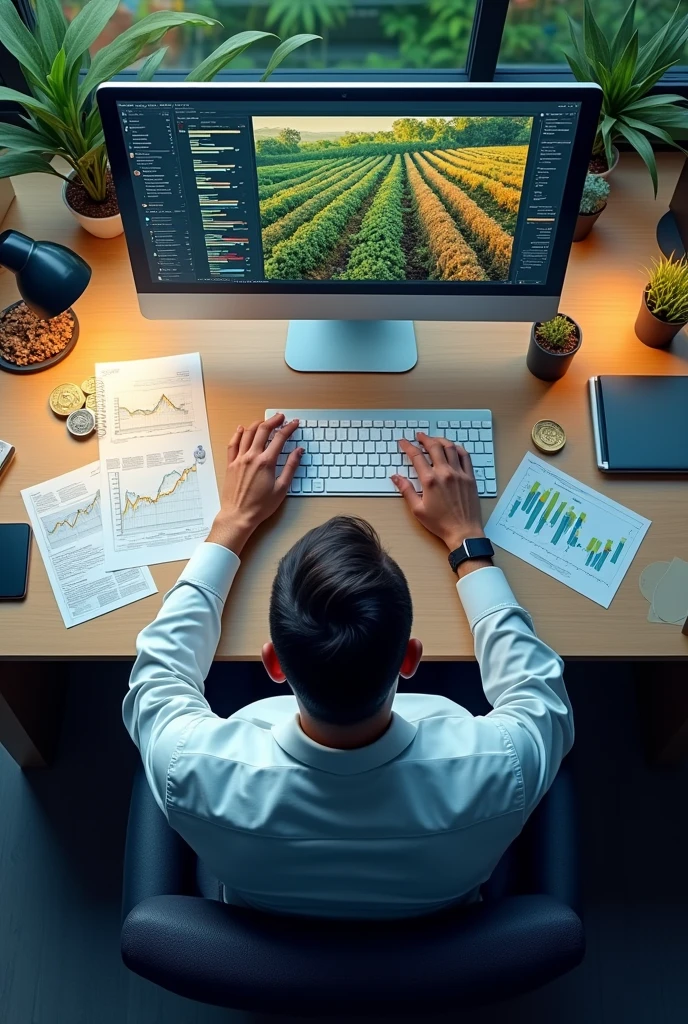 An image seen from above, of a businessman using his computer at his desk, on the computer screen there will be images related to agriculture. on desk, papers with financial charts, Actions, cryptocurrencies and company analysis for investment