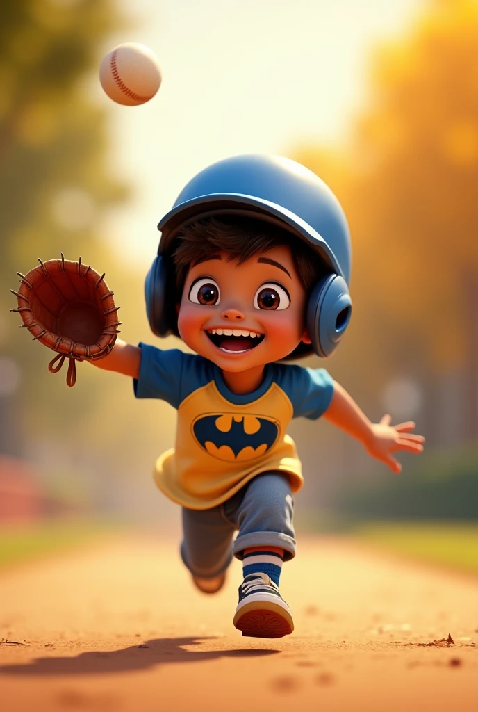 Pixar style image of a boy playing with a baseball glove.  light brown boy, the boy throws a ball up, the boy is running, the boy is smiling, The boy has a shirt with the Batman logo on it., the boy has a blue helmet.