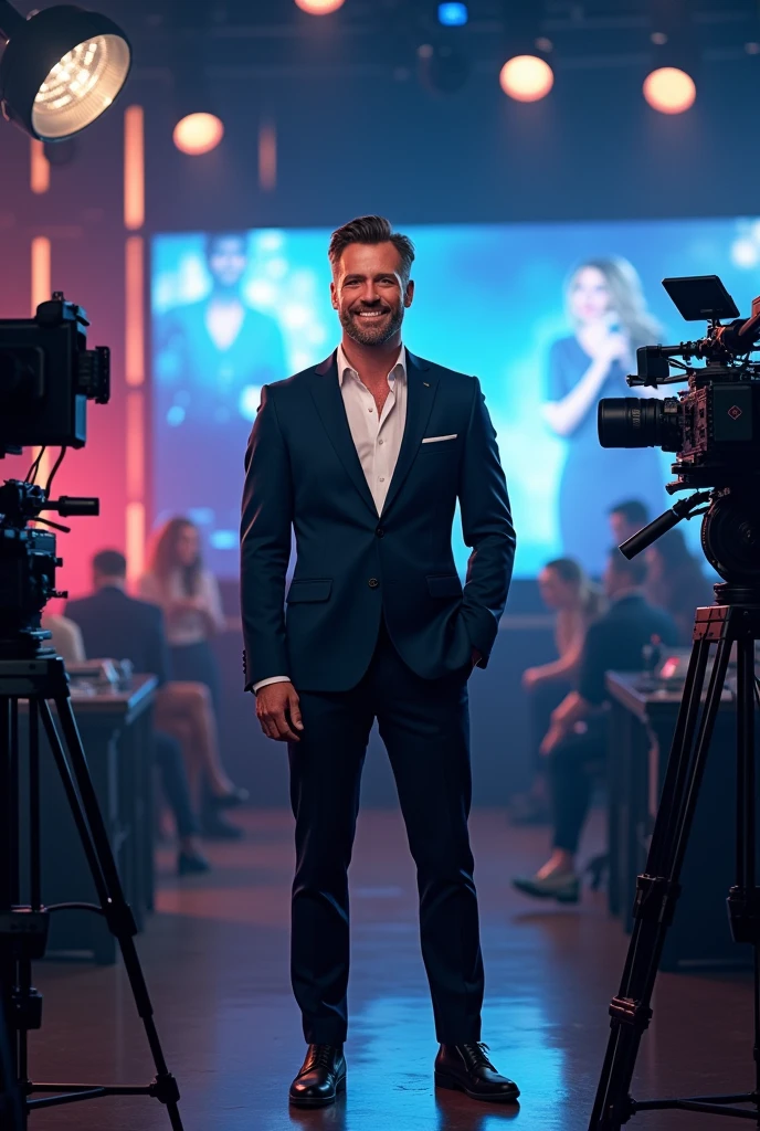 make a movie poster with a tv presenter theme