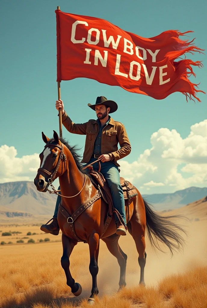 A male cowboy riding a horse holding a flag that says COWBOY IN LOVE inspired by the cover of singer Beyonce's album Cowboy Carter